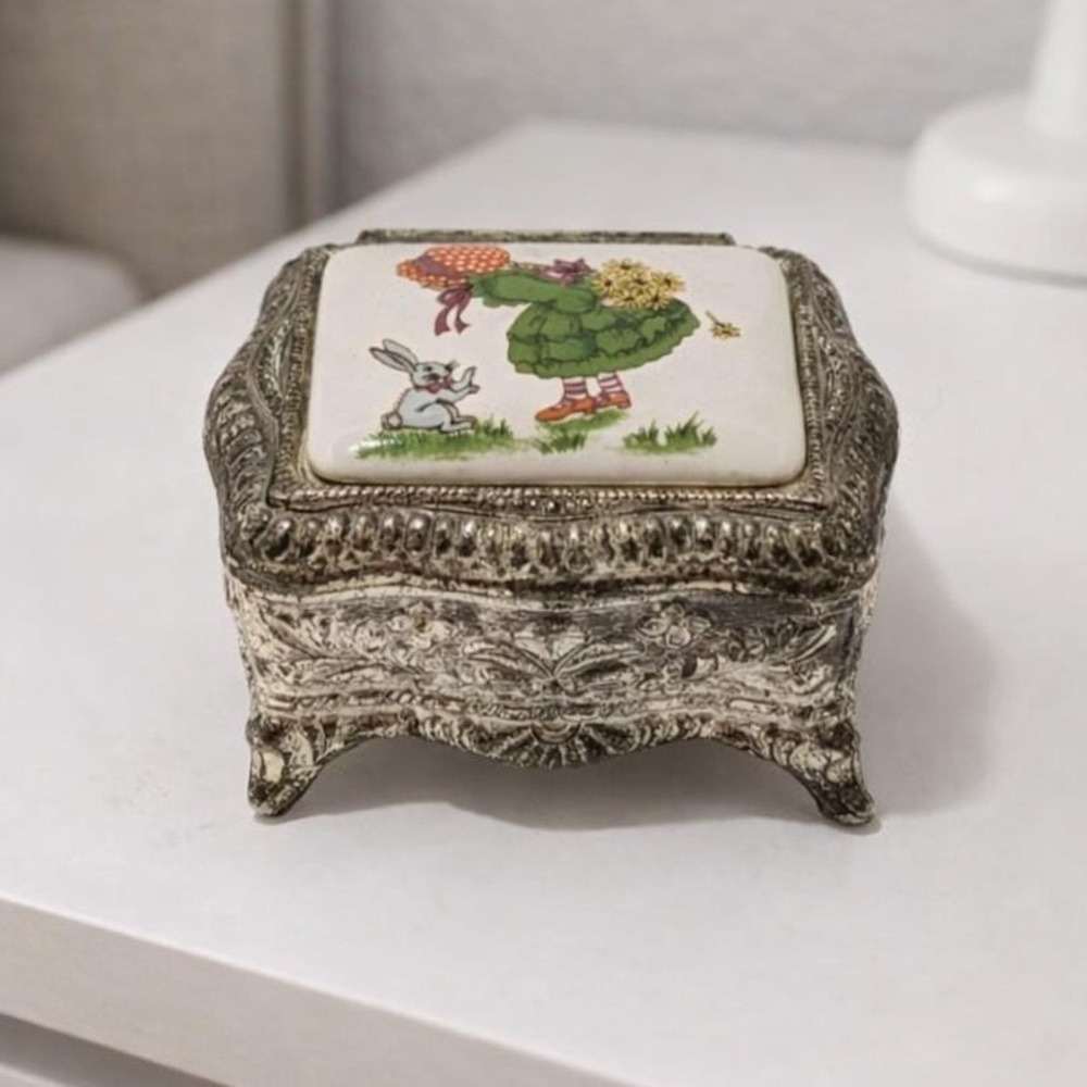 Vintage Silver Plated Trinket Box Red Felt Japan